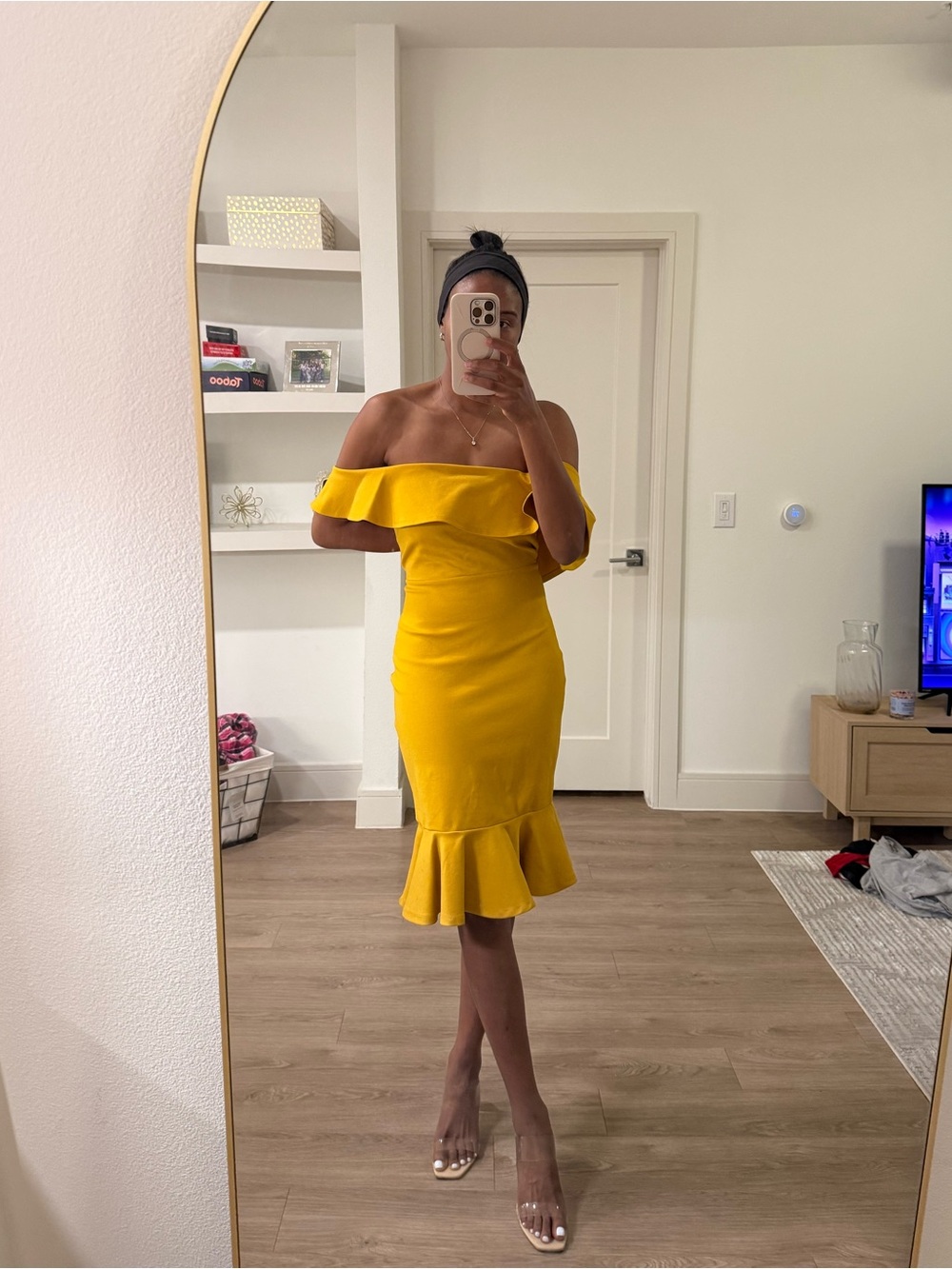 Lulu's Yellow One-Shoulder Ruffle Hem Midi Dress - Picture 2 of 3